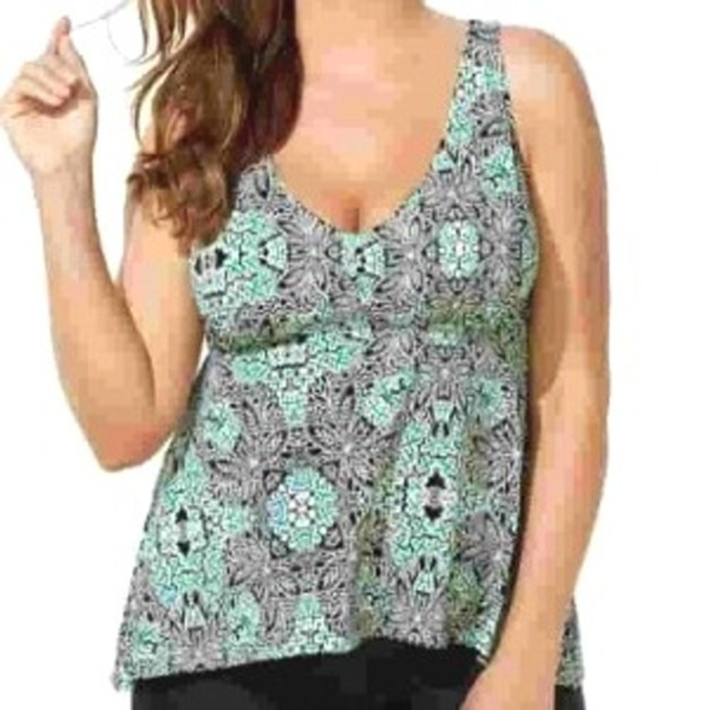 SWIMSUITS FOR ALL Women's 28 Black Mint Green Floral‎ Medallion Tankini Swim Top